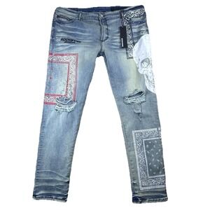 Rockstar Original Men 44 Graphic Skull Bandana Patch Ultra Slim Jeans Streetwear